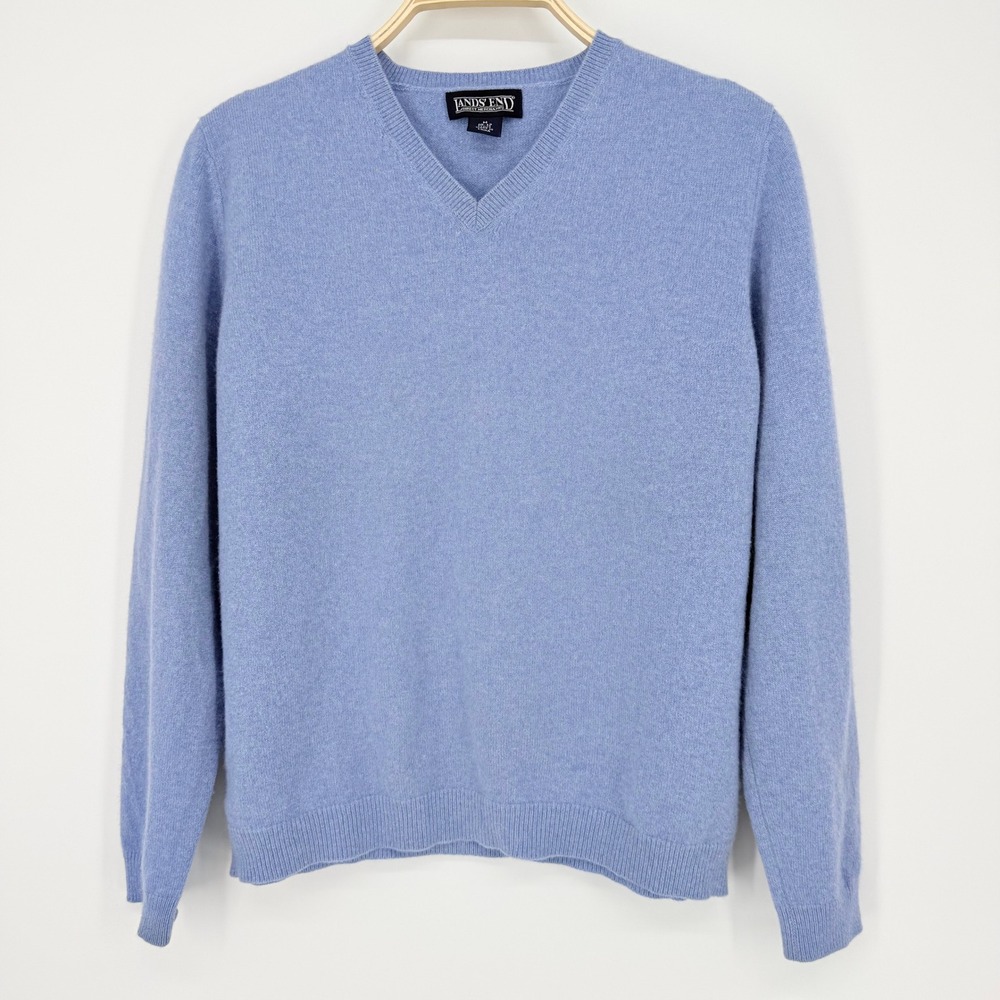 Lands End V-Neck Sweater Womens M Petite Light Blue Excellent 100% Cashmere